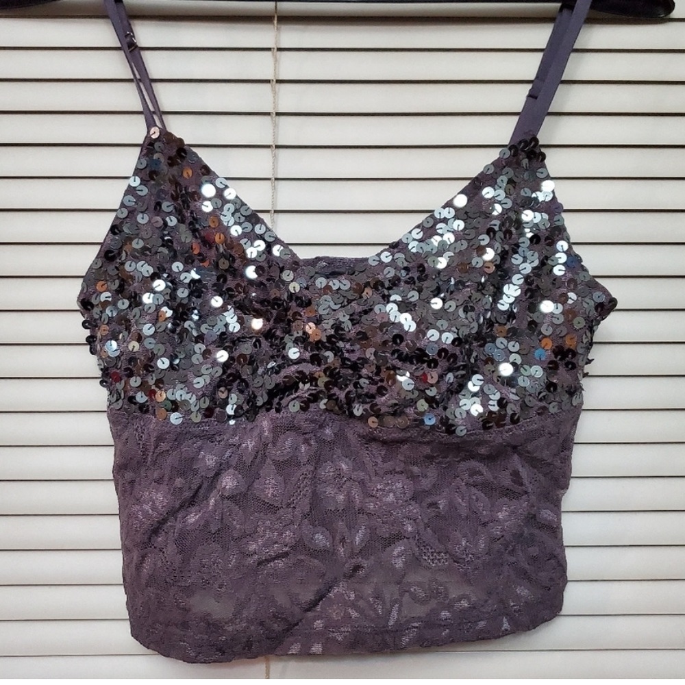 🎉4/20$ VICTORIA’S SECRET Gun Metal Gray Sequin Lace Bralette Adjustable Strap LG
